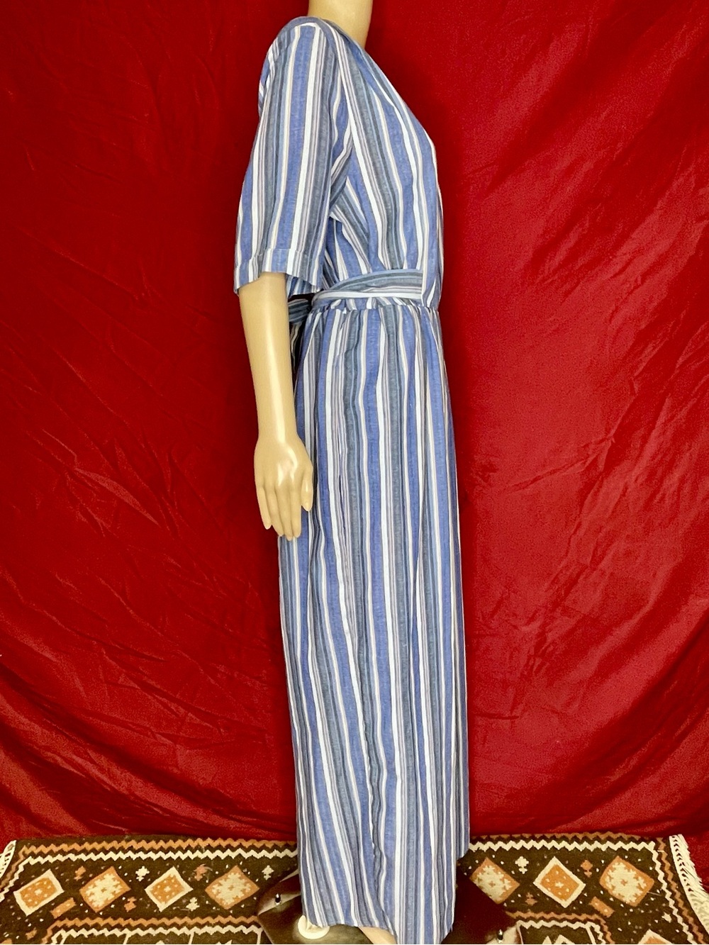 Avenue Blue Striped Tie Waist Linen-Like Cropped Wide Leg Jump Suit size 16 - Picture 4 of 7